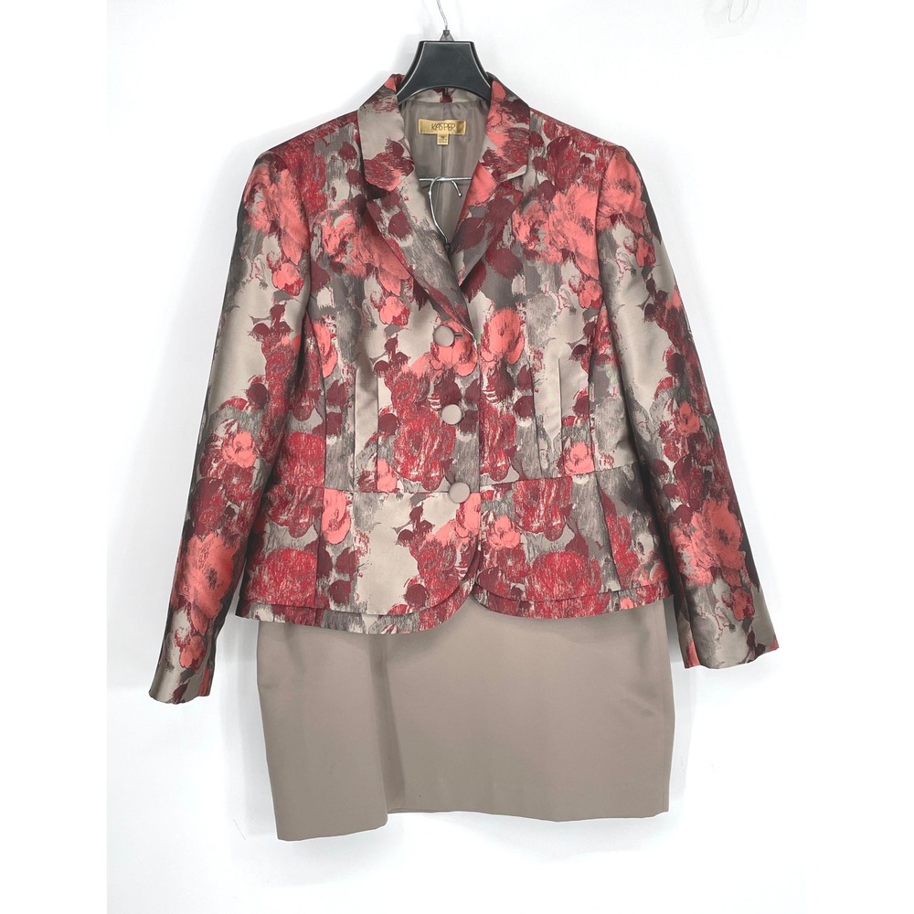 Kasper Women Skirt Suit 16 2pc Floral Jacquard Blazer Pencil Skirt Red